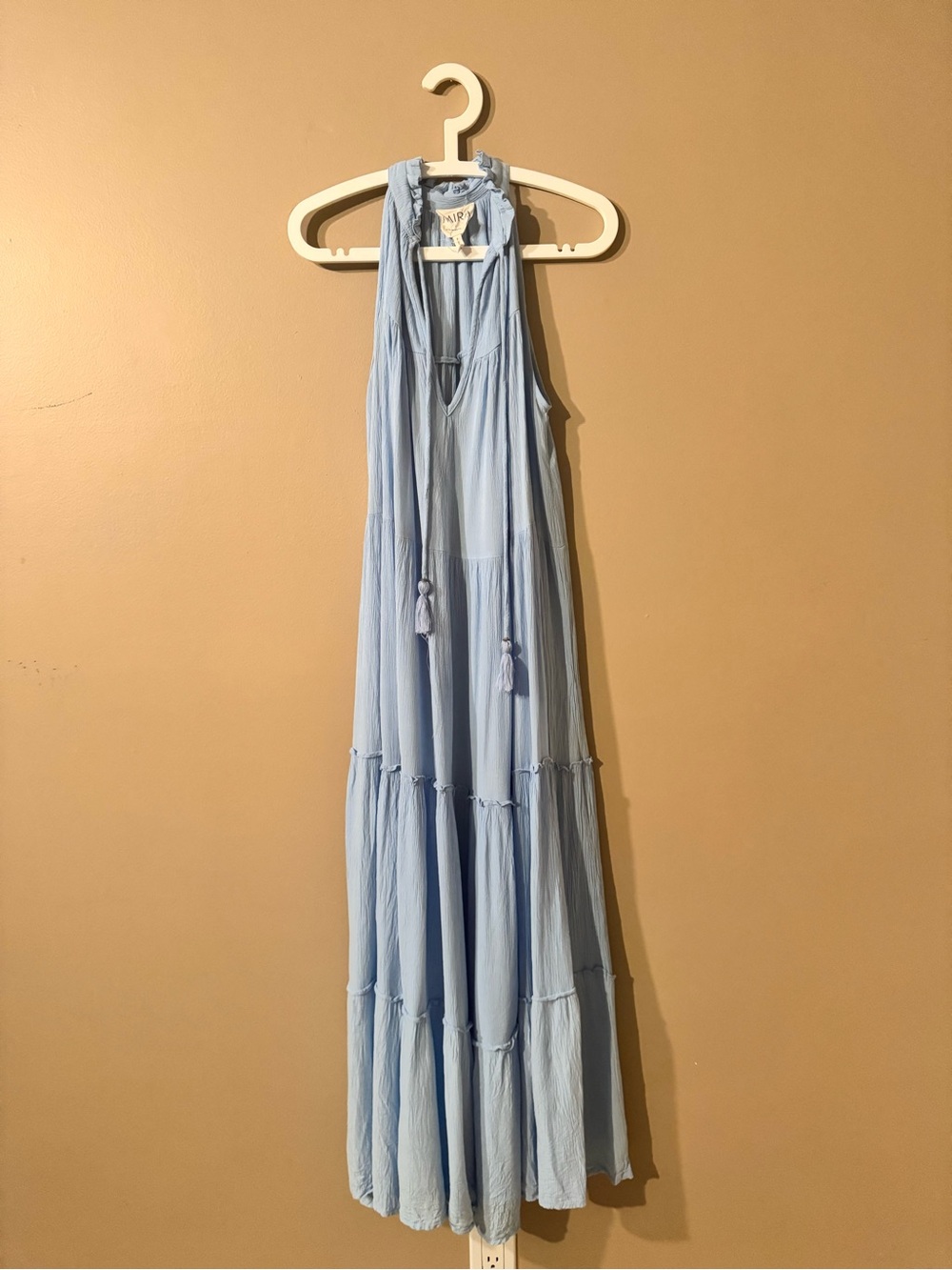 Women’s Light Blue Halter Maxi Dress with Tassel Ties